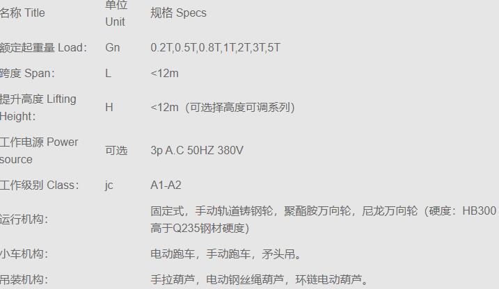 SL型手动单梁起重机结构技术参数图