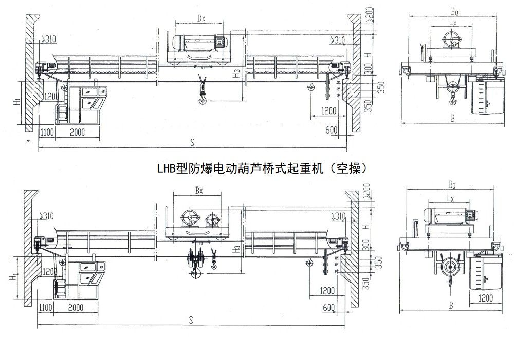 LHB型防爆电动葫芦桥式起重机外形结构示意图