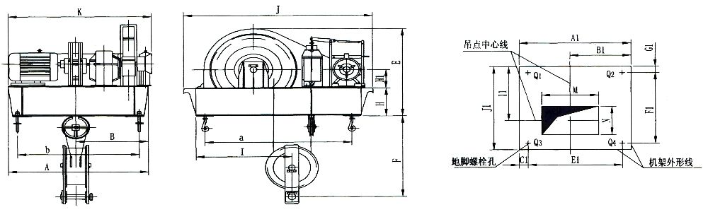 QPK1×50KN-QPK1×250KN系列卷扬式单吊点启闭机外形及基础布置示意图