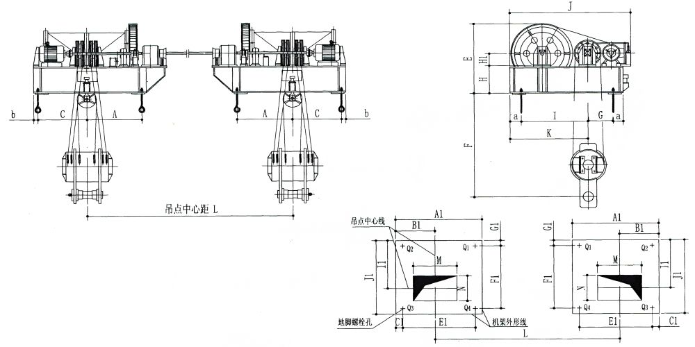 QPK2×400KN-QPK2×1250KN系列卷扬式双吊点启闭机外形及基础布置示意图