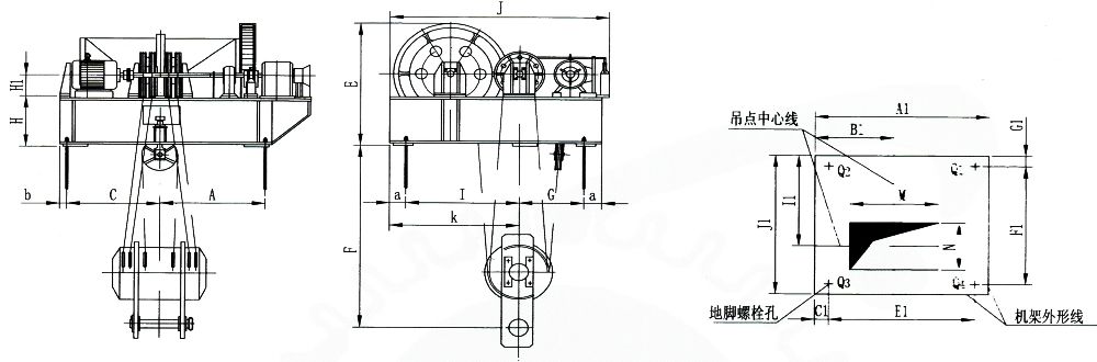 QPK1×400KN-QPK1×1250KN系列卷扬式单吊点启闭机外形及基础布置示意图