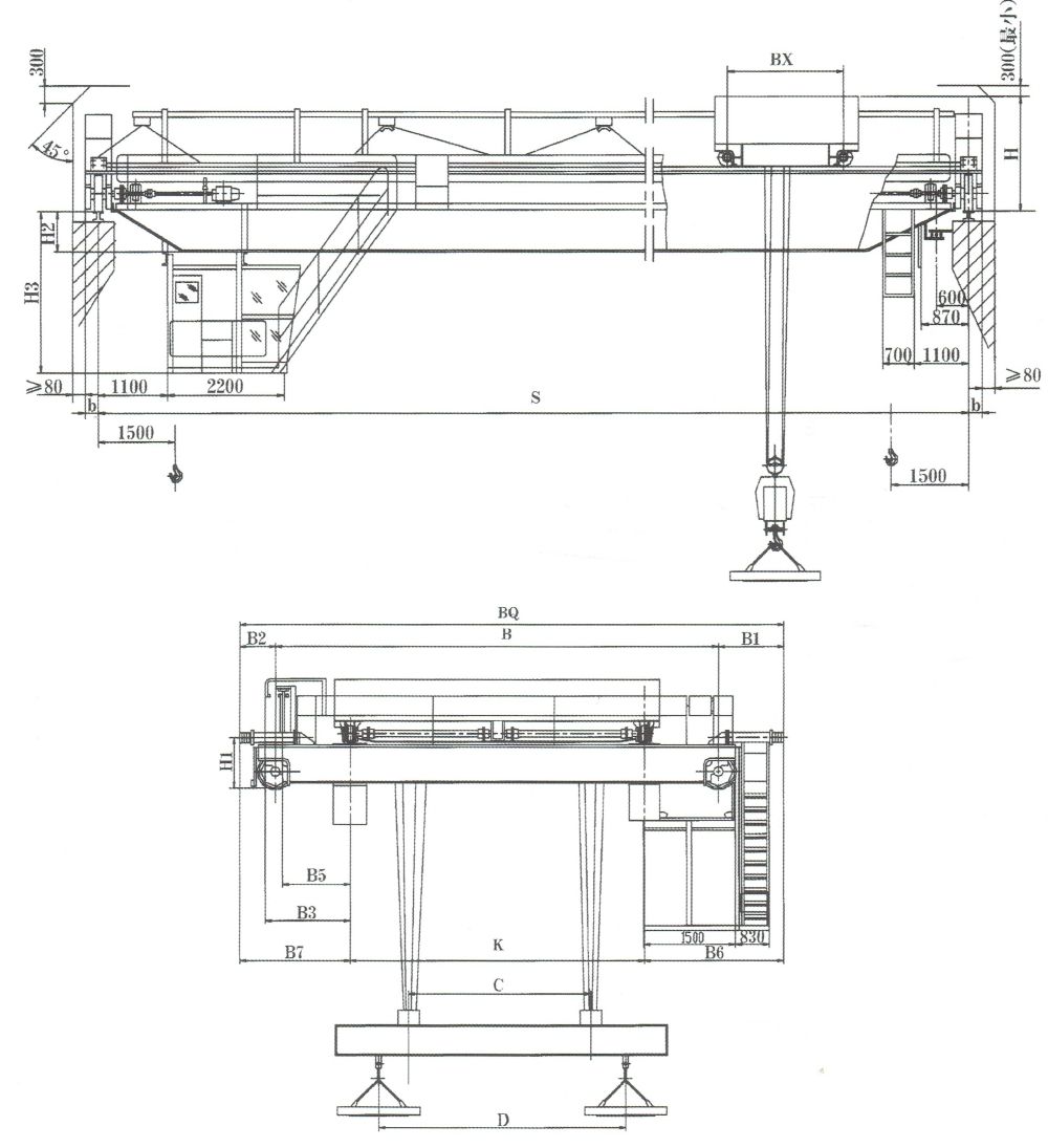 QCL型电磁挂梁桥式起重机外形与主要尺寸图